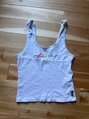 Hollister White Tank Top with Rainbow "Love" Script